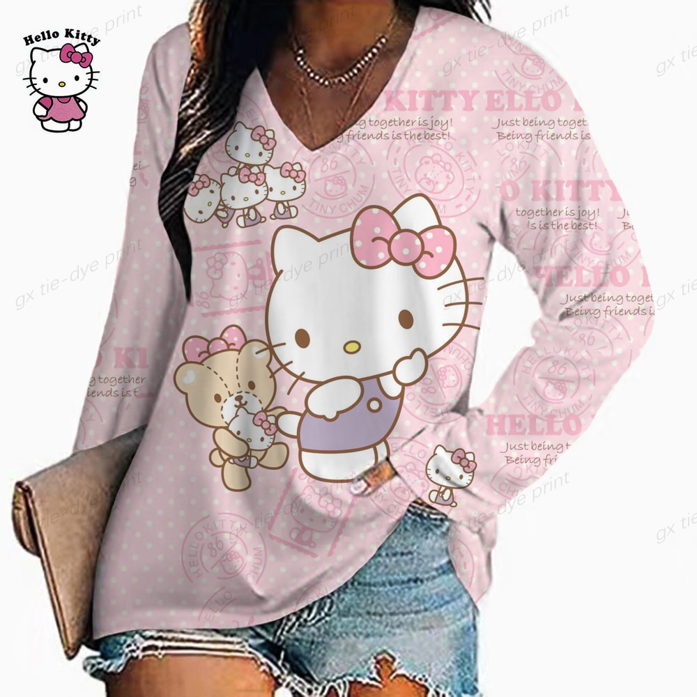 3D HELLO KITTY print T shirt women s street Harajuku T shirt Long sleeve V neck 2 - Hello Kitty Plush