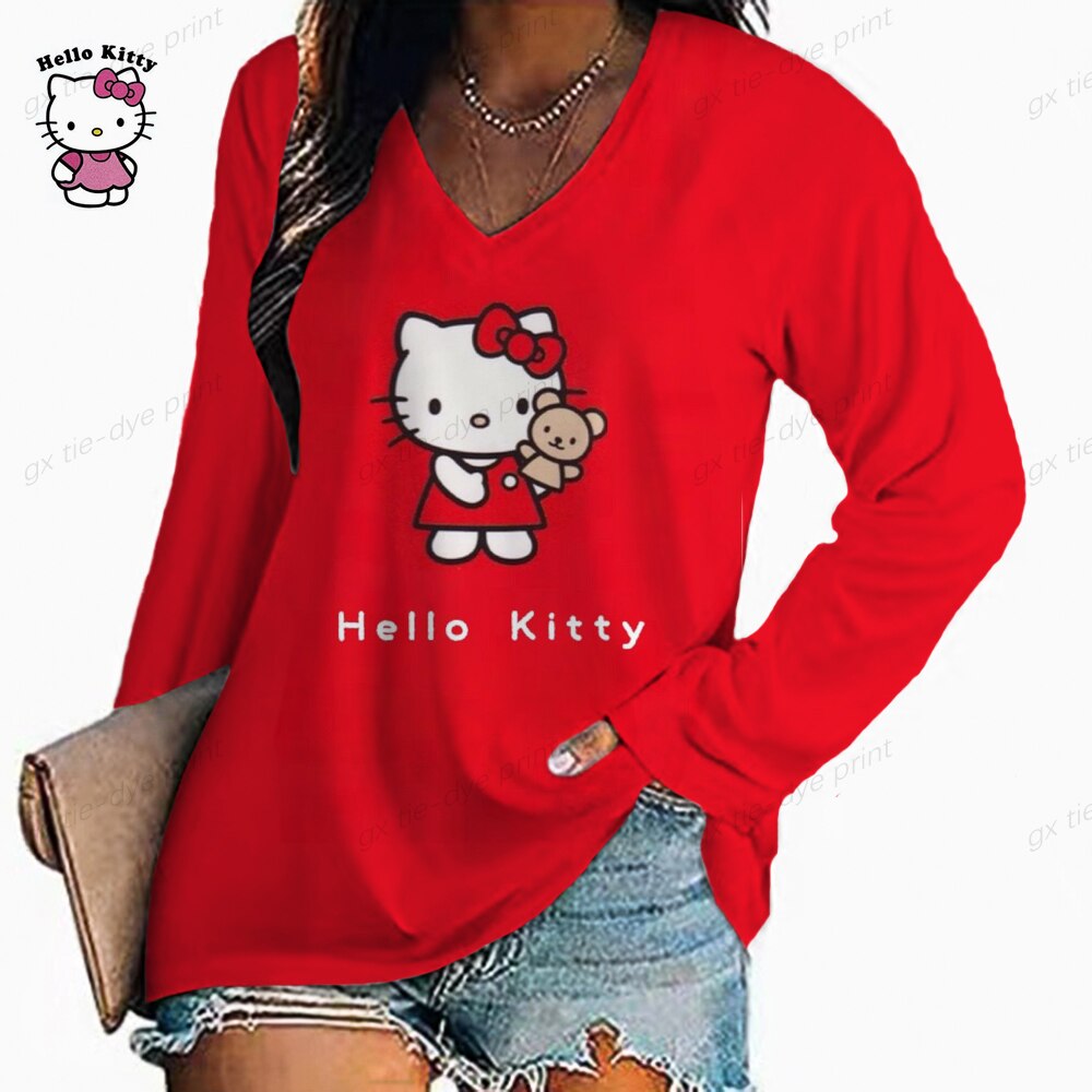 3D HELLO KITTY print T shirt women s street Harajuku T shirt Long sleeve V neck 3 - Hello Kitty Plush