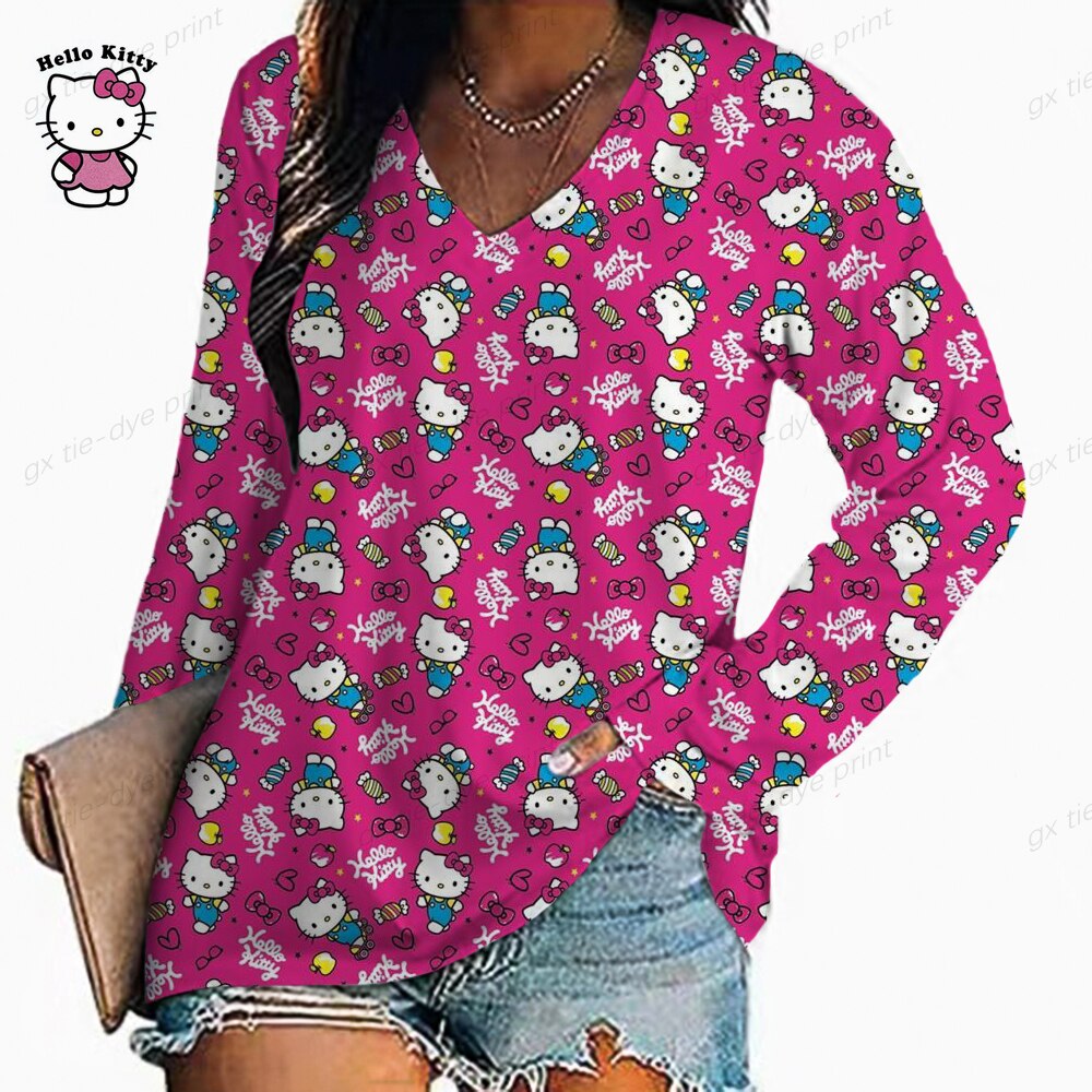 3D HELLO KITTY print T shirt women s street Harajuku T shirt Long sleeve V neck 4 - Hello Kitty Plush
