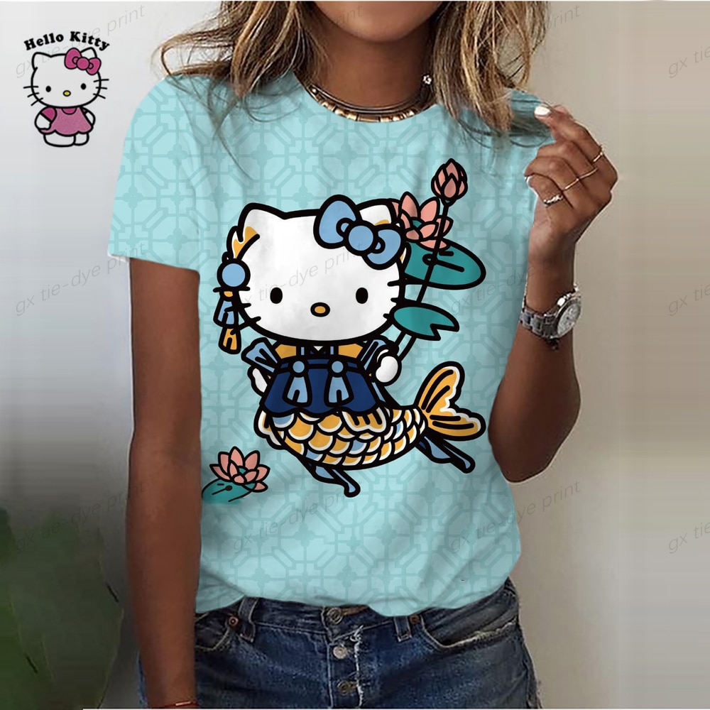 3d O Neck Women s T shirts Cute Hello Kitty Print Short Sleeve Summer Kawaii Fashion 2 - Hello Kitty Plush