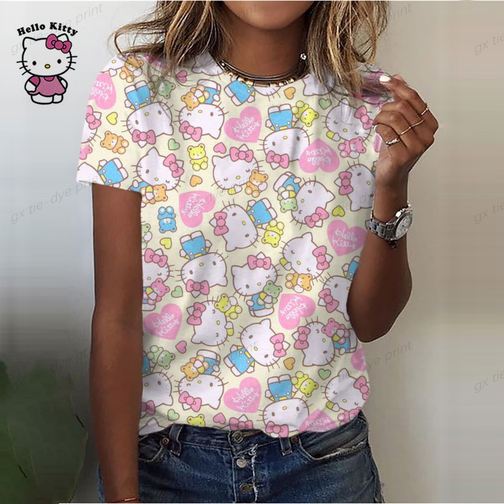 3d O Neck Women s T shirts Cute Hello Kitty Print Short Sleeve Summer Kawaii Fashion - Hello Kitty Plush