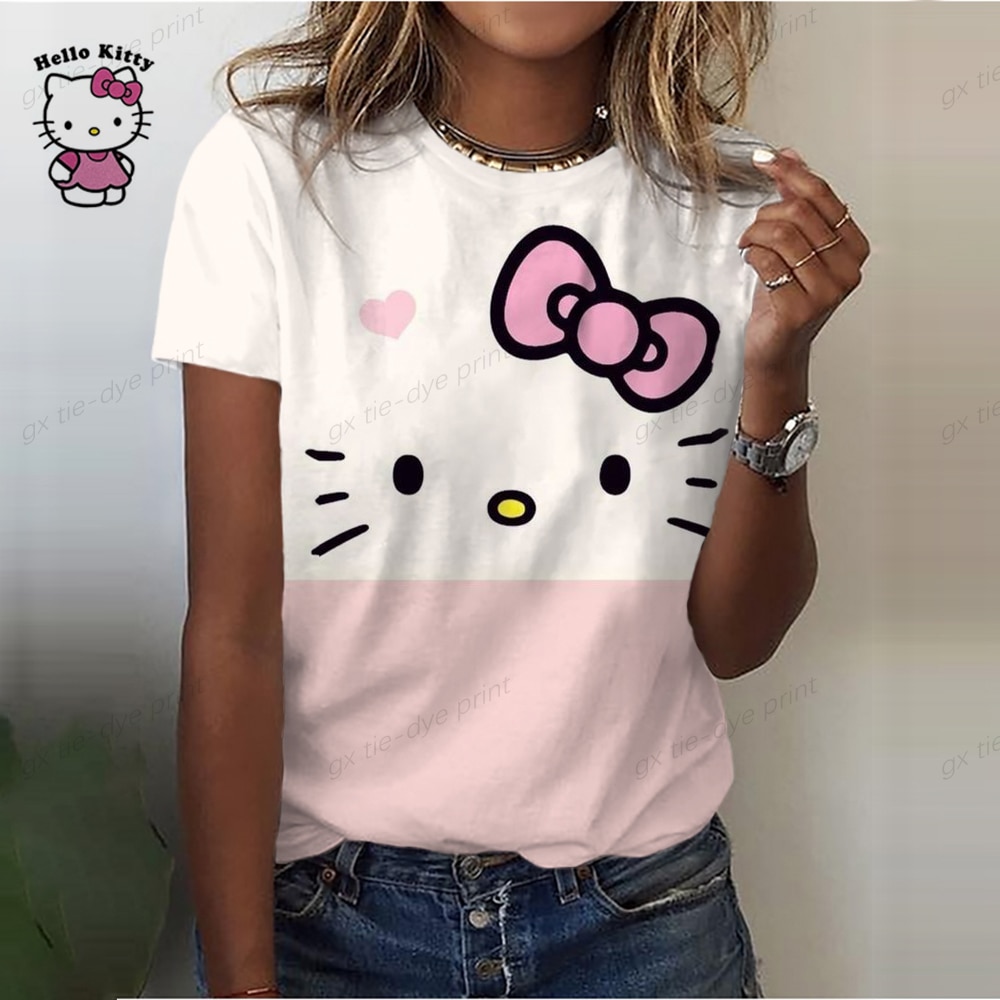 Cute Hello Kitty Print T Shirt Women Summer Top Cartoon Harajuku Top Women Casual Round Neck - Hello Kitty Plush