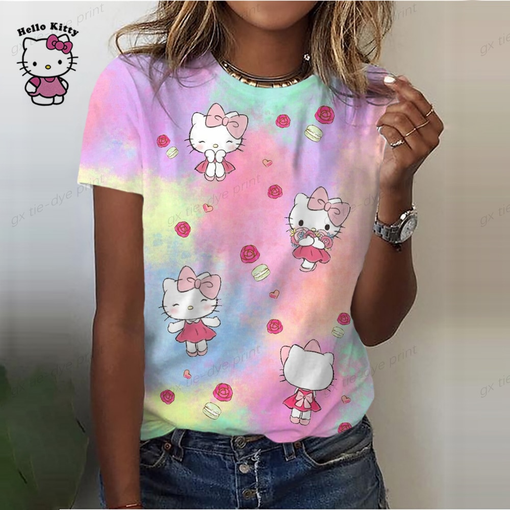 Fashion Women Blouse 2023 New Hello Kitty Print Streetwear Tees 3D Casual Loose Abstract Short Sleeve - Hello Kitty Plush
