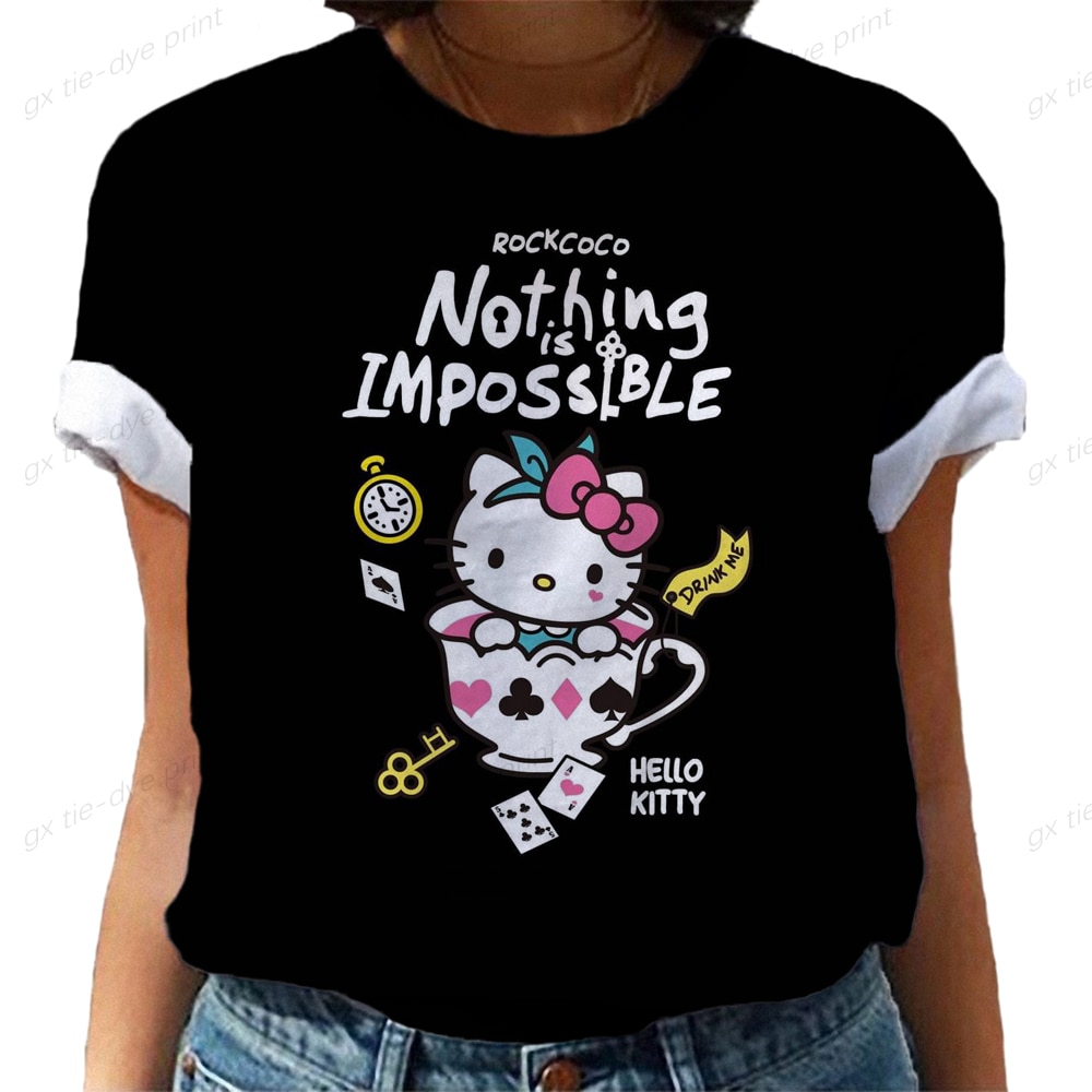HELLO KITTY women s T shirt Summer female cartoon print O neck short sleeve lady bottoming - Hello Kitty Plush