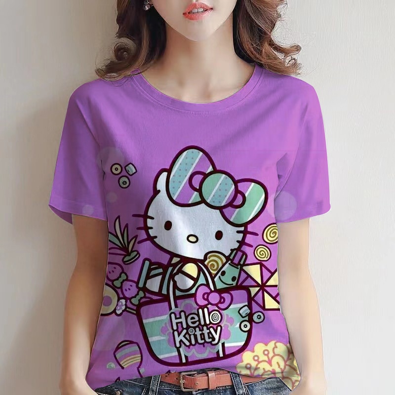 Hello Kitty Loose T shirt Women Youth New Girls Pink V Neck Fashion Short Oversized Discount - Hello Kitty Plush