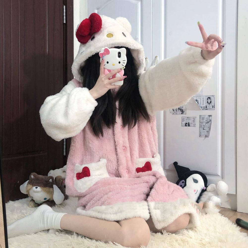 Kawaii Winter Sanrio Hello Kitty Robes Cartoon Ins Coral Fleece Pajamas Thick and Warm Pijamas Women 4 - Hello Kitty Plush