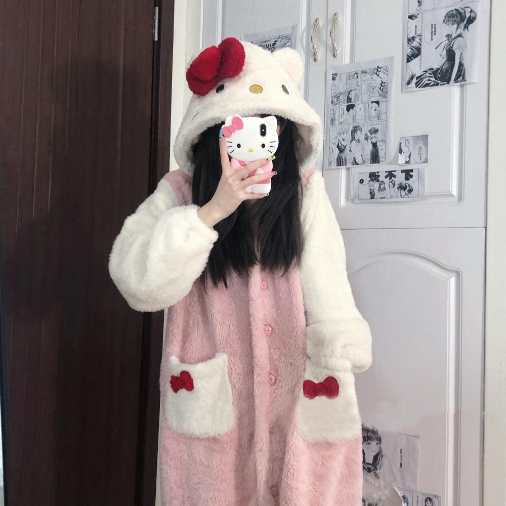 Kawaii Winter Sanrio Hello Kitty Robes Cartoon Ins Coral Fleece Pajamas Thick and Warm Pijamas Women 5 - Hello Kitty Plush