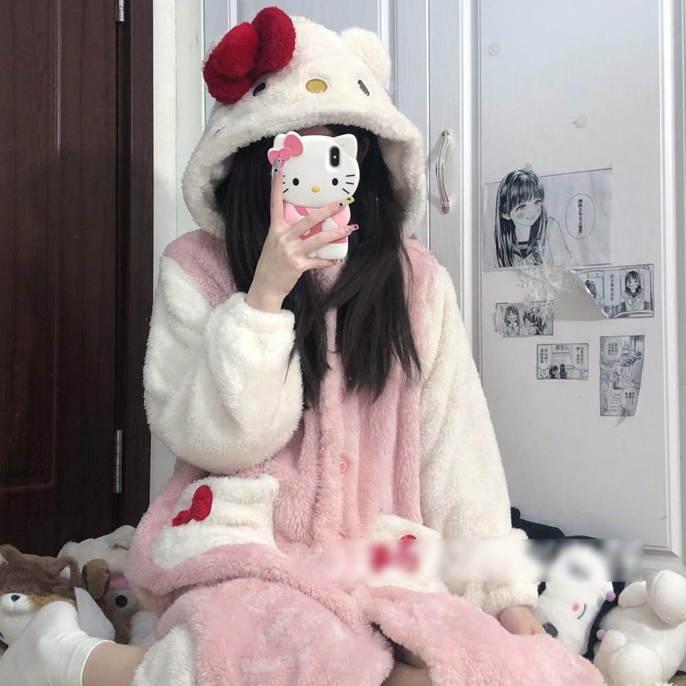 Kawaii Winter Sanrio Hello Kitty Robes Cartoon Ins Coral Fleece Pajamas Thick and Warm Pijamas Women - Hello Kitty Plush