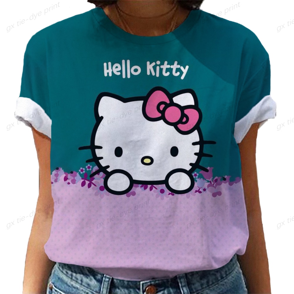 Women Hello Kitty T shirts Fashion Clothing Cartoon Clothes Basic 90s Short Sleeve Spring Summer Female - Hello Kitty Plush