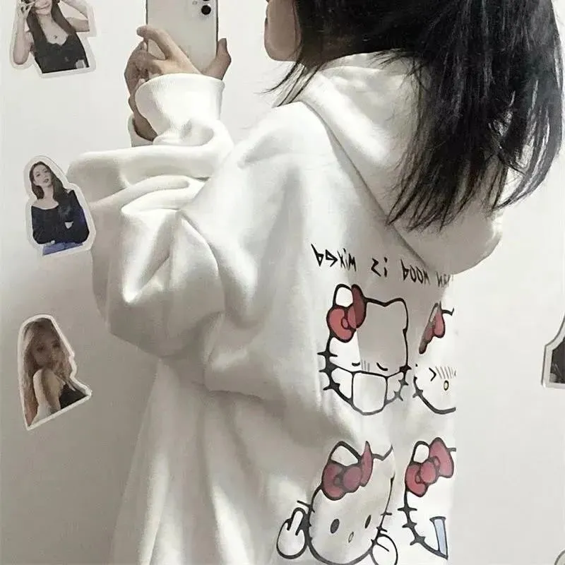 Japanese Kawaii Clothes Hello Kitty Printed White Hoodies Spring Autumn Student Cartoon Print Loose Hoodie Sweatshirt - Hello Kitty Plush