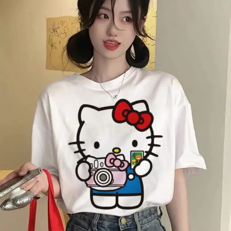 Kawaii Hello Kitty Shirt Y2K Top Women Clothes Cotton Anime Kawaii Short Sleeve New Summer Loose 3 - Hello Kitty Plush
