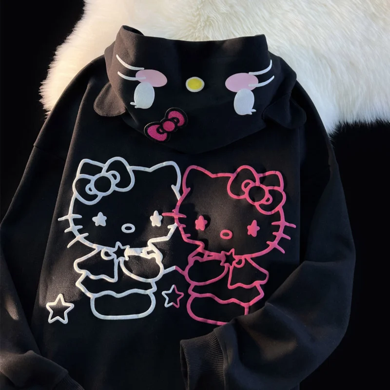 Sanrio Hello Kitty Cute Cardigan Hoodie Female Loose Oversize Hooded Sweater Yk2 Japanese Stylish Sweashirt Kawaii 3 - Hello Kitty Plush
