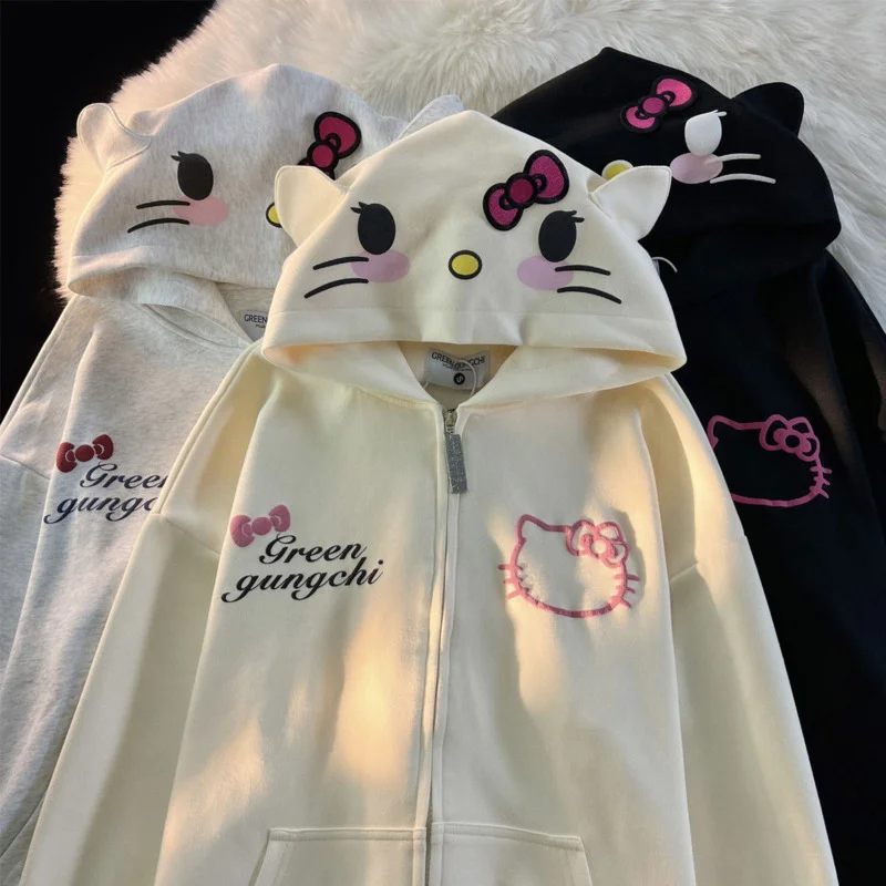 Sanrio Hello Kitty Cute Cardigan Hoodie Female Loose Oversize Hooded Sweater Yk2 Japanese Stylish Sweashirt Kawaii 4 - Hello Kitty Plush