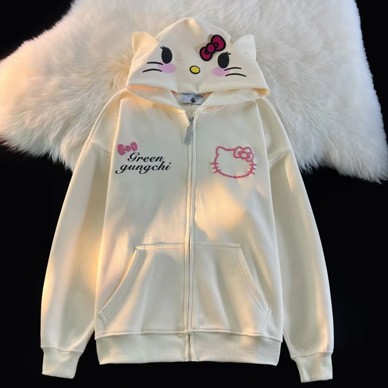 Sanrio Hello Kitty Cute Cardigan Hoodie Female Loose Oversize Hooded Sweater Yk2 Japanese Stylish Sweashirt Kawaii 5 - Hello Kitty Plush