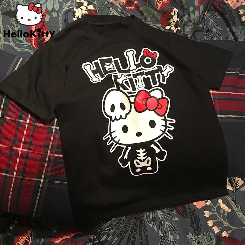Sanrio Hello Kitty Halloween Design Black Tops Bone Printed Short Sleeve Tees Oversized T shirts Boy - Hello Kitty Plush