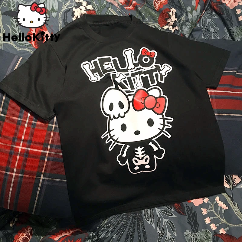 Sanrio Hello Kitty Halloween Goth T shirt Y2k Gothic Women Tees Hip hop Skeleton Tops Student 1 - Hello Kitty Plush