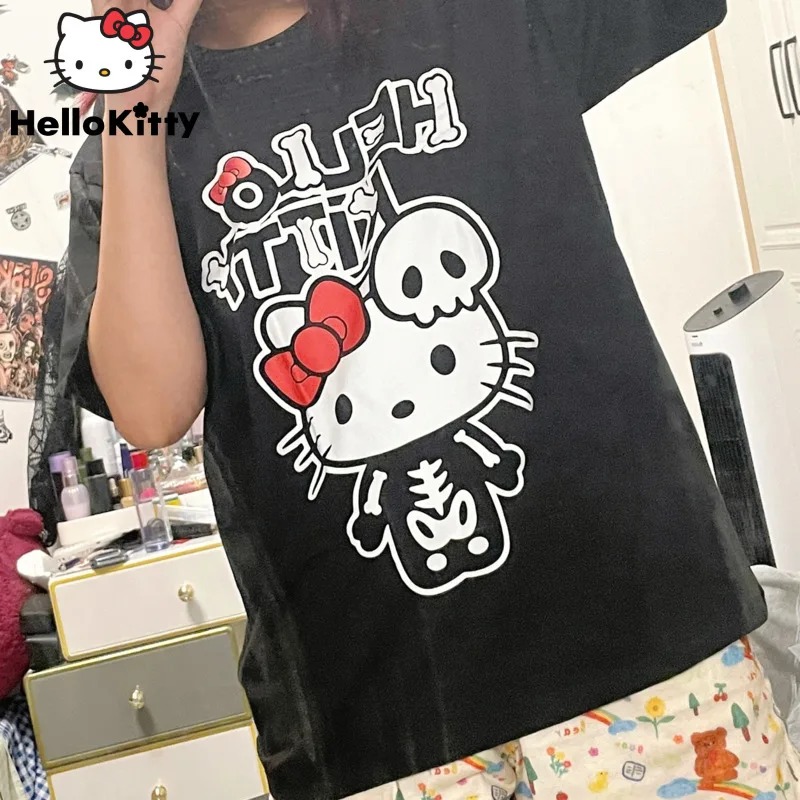 Sanrio Hello Kitty Halloween Goth T shirt Y2k Gothic Women Tees Hip hop Skeleton Tops Student - Hello Kitty Plush