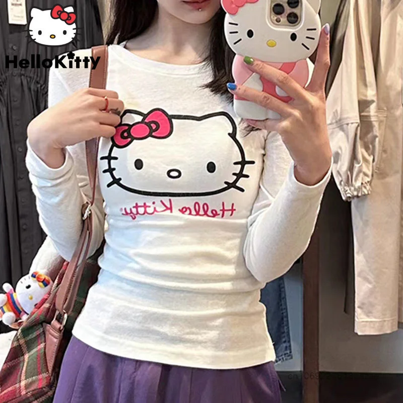 Sanrio Hello Kitty Long Sleeve T shirt Women Spring Cute Slim Tops Y2k Korean Style Clothes - Hello Kitty Plush