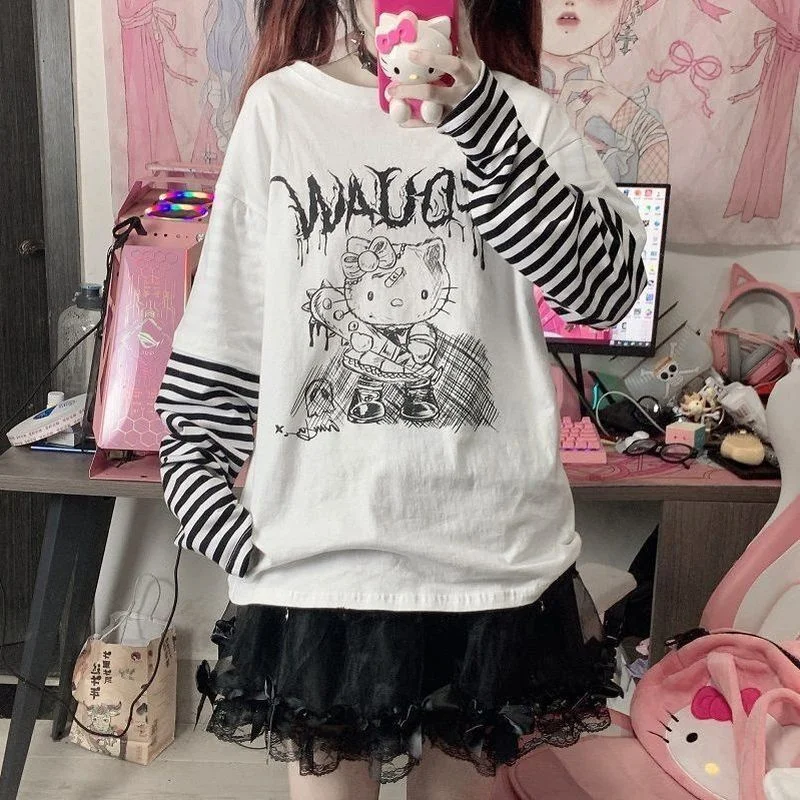 Sanrio Hello Kitty T Shirt Women Spring Autumn Fake Two Striped Long Sleeve T shirt Y2k 2 - Hello Kitty Plush