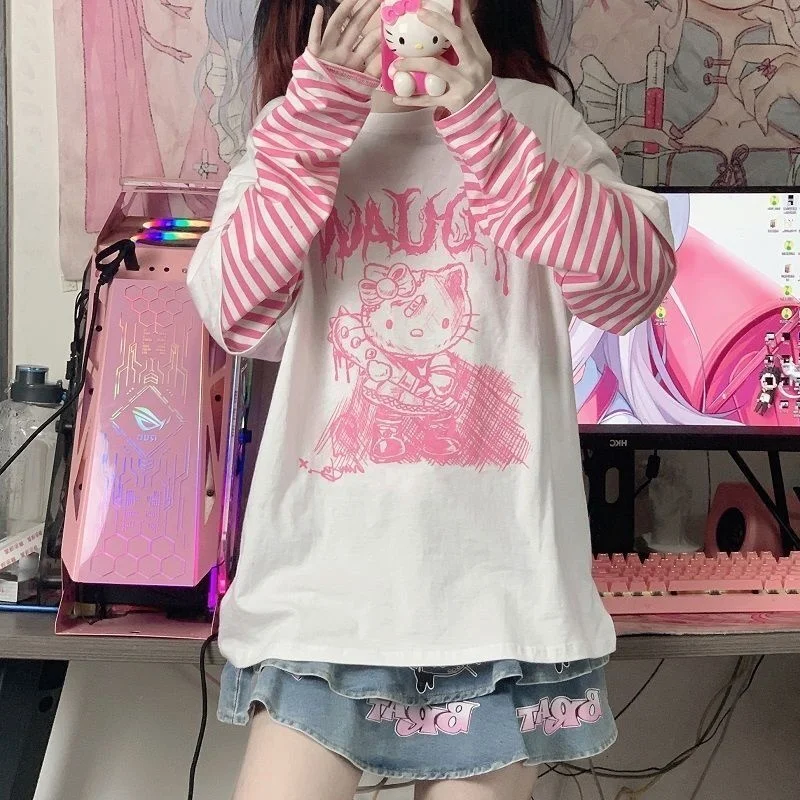 Sanrio Hello Kitty T Shirt Women Spring Autumn Fake Two Striped Long Sleeve T shirt Y2k 3 - Hello Kitty Plush