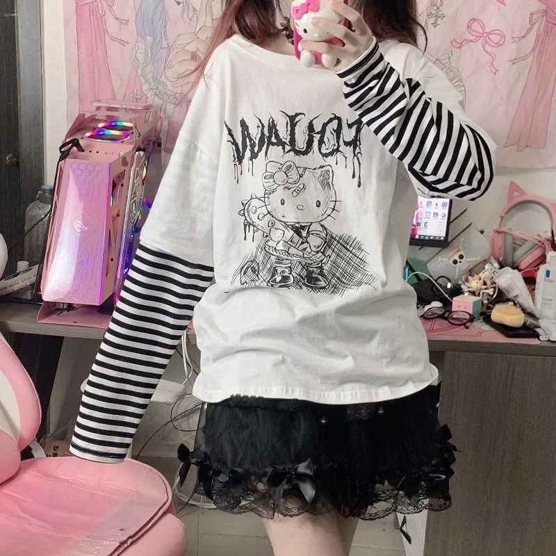 Sanrio Hello Kitty T Shirt Women Spring Autumn Fake Two Striped Long Sleeve T shirt Y2k 5 - Hello Kitty Plush