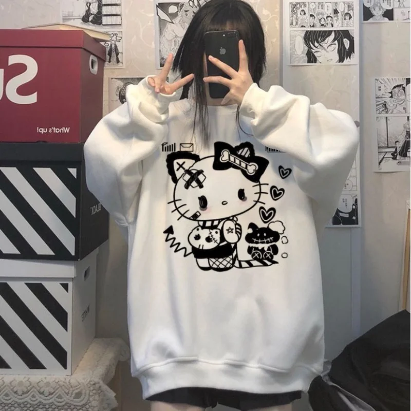 Spring Autumn Cartoon Hello Kitty Print White Hoodie Harajuku Sweatshirt Women Loose Student Casual Streetwear Kawaii 4 - Hello Kitty Plush