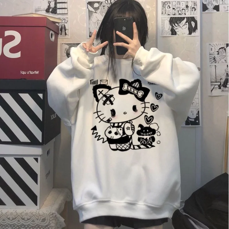 Spring Autumn Cartoon Hello Kitty Print White Hoodie Harajuku Sweatshirt Women Loose Student Casual Streetwear Kawaii - Hello Kitty Plush