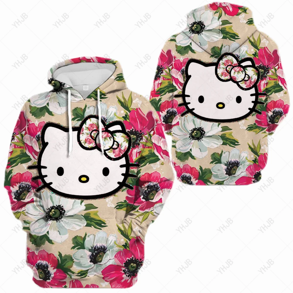 Sweatshirt Hoodie Oversize Hooded Hello Kitty Print Sweatshirts Black Women Clothes Hoodies Spring Women Tops Long 1 - Hello Kitty Plush