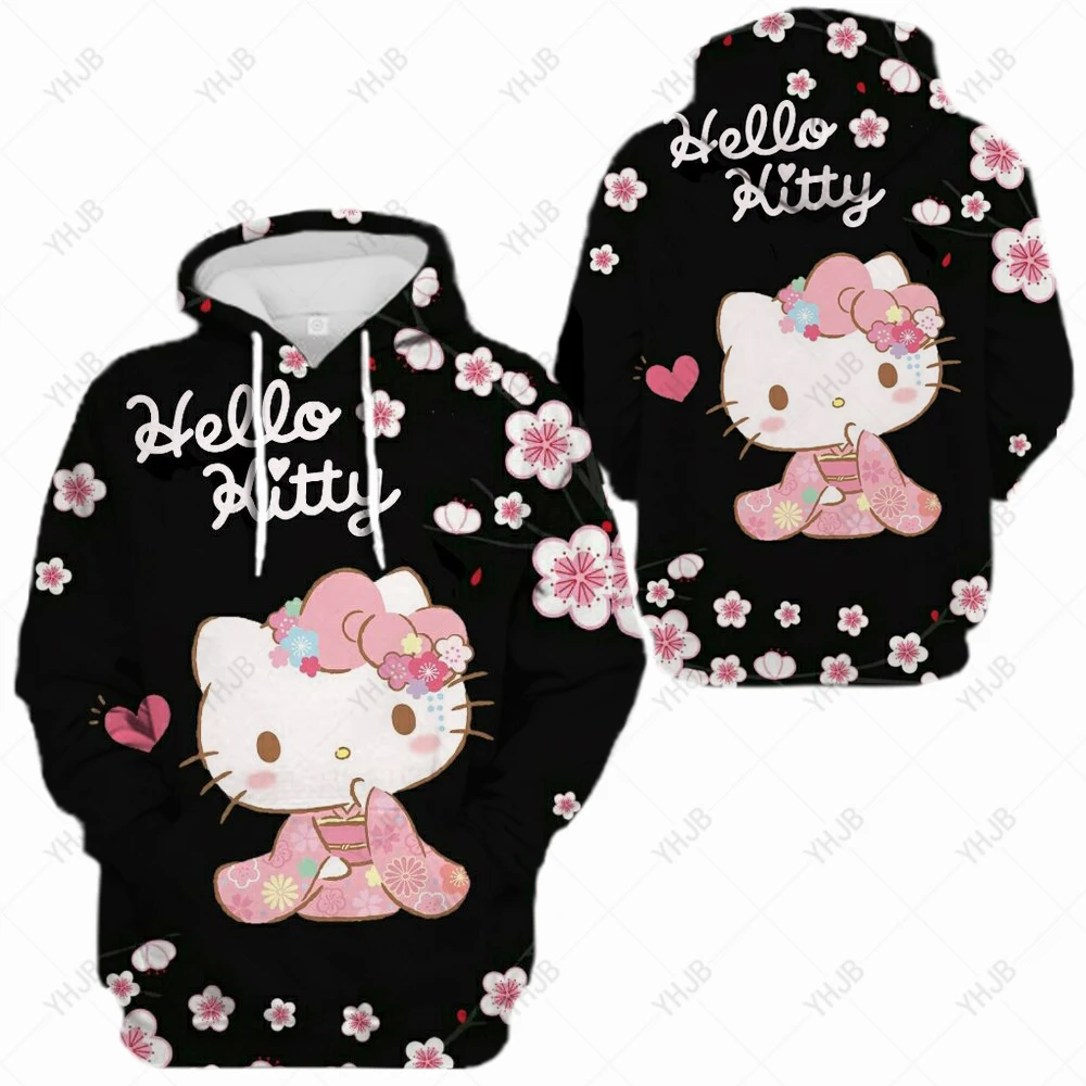 Sweatshirt Hoodie Oversize Hooded Hello Kitty Print Sweatshirts Black Women Clothes Hoodies Spring Women Tops Long 2 - Hello Kitty Plush