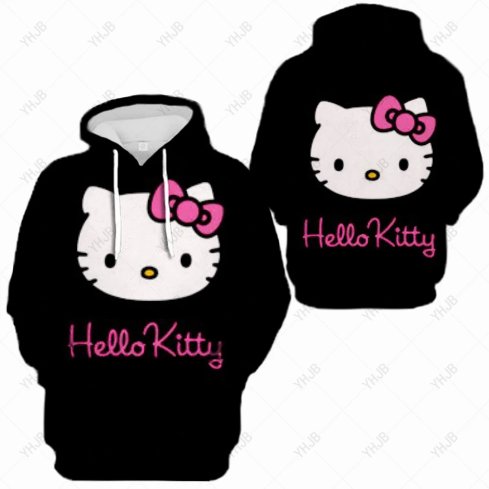 Sweatshirt Hoodie Oversize Hooded Hello Kitty Print Sweatshirts Black Women Clothes Hoodies Spring Women Tops Long - Hello Kitty Plush
