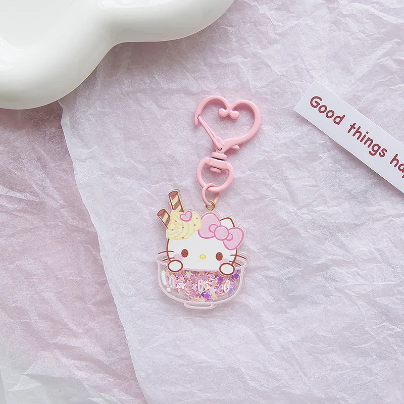 kawaii Sanrio Kuromi Hello Kitty Keychain Car Keyring Cute Cinnamoroll Quicksand Sequins Luminous Portable Pendant Accessories - Hello Kitty Plush